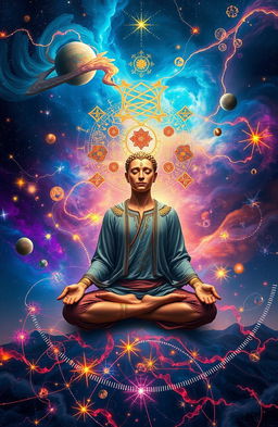 A surreal representation of the 'Medulla Paradox', showcasing a meditative figure surrounded by a swirling galaxy of color and light