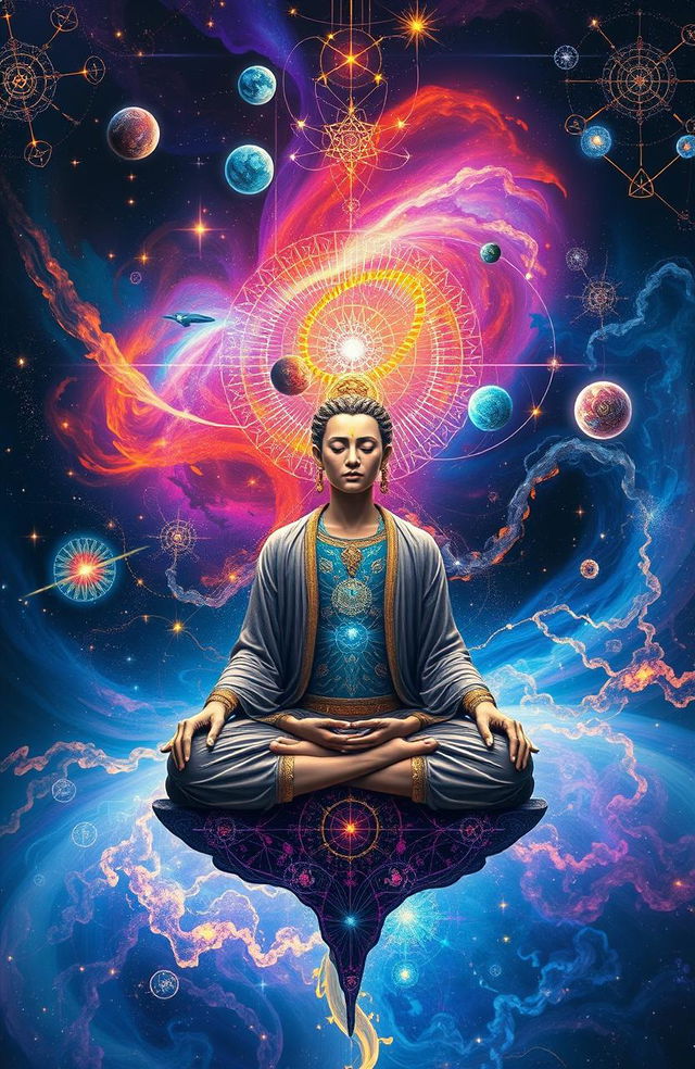 A surreal representation of the 'Medulla Paradox', showcasing a meditative figure surrounded by a swirling galaxy of color and light