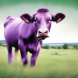 A purple cow depicted in hyper-realistic style, standing in a lush green pasture.