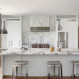 Modern kitchen with bright lighting, sleek marble countertops, stainless steel appliances, a large island in the middle, and white cabinetry filled with dishes and utensils