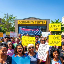 A lively and passionate protest scene outside a community center that is closing down