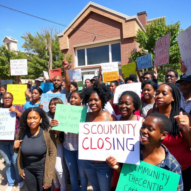 A lively and passionate protest scene outside a community center that is closing down