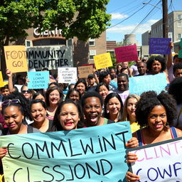 A lively and passionate protest scene outside a community center that is closing down