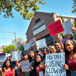 A lively and passionate protest scene outside a community center that is closing down