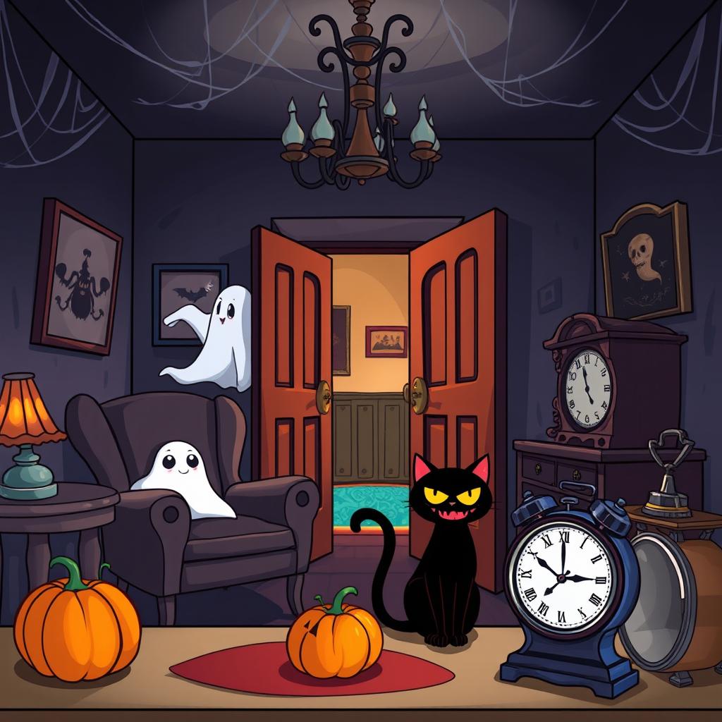 A cartoon-style horror room, featuring eerie and whimsical elements