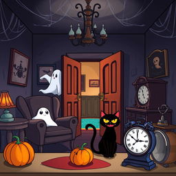 A cartoon-style horror room, featuring eerie and whimsical elements