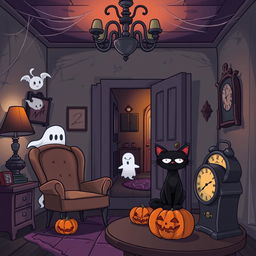 A cartoon-style horror room, featuring eerie and whimsical elements