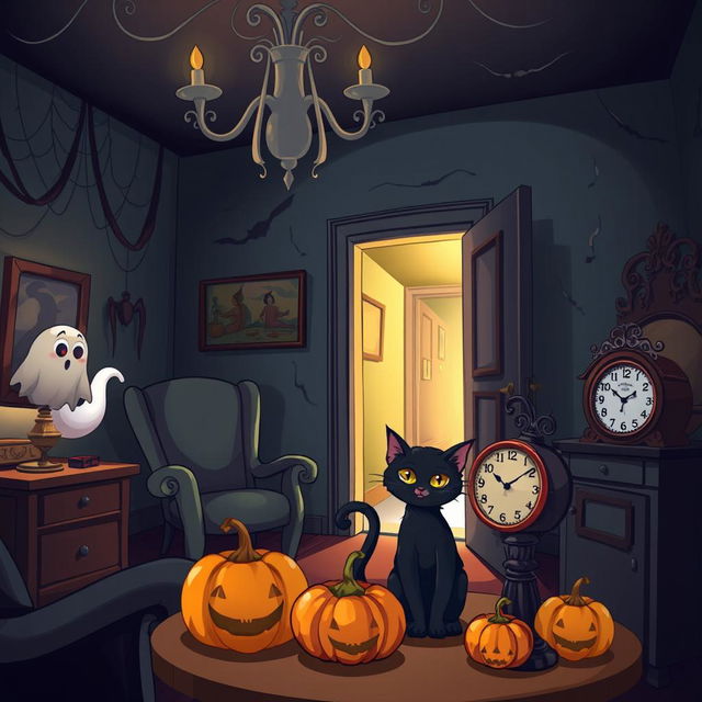 A cartoon-style horror room, featuring eerie and whimsical elements