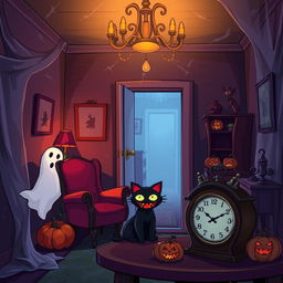 A cartoon-style horror room, featuring eerie and whimsical elements