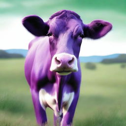 A purple cow depicted in hyper-realistic style, standing in a lush green pasture.