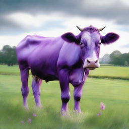 A purple cow depicted in hyper-realistic style, standing in a lush green pasture.