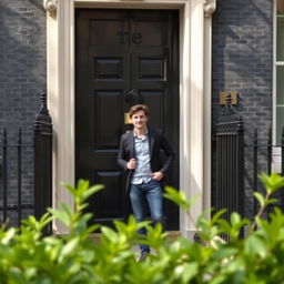 A scene depicting 10 Downing Street in London, UK, with a young man standing confidently in front of the iconic black door, preparing to knock