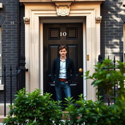 A scene depicting 10 Downing Street in London, UK, with a young man standing confidently in front of the iconic black door, preparing to knock