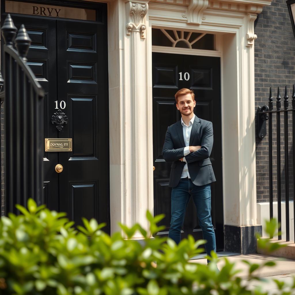 A scene depicting 10 Downing Street in London, UK, with a young man standing confidently in front of the iconic black door, preparing to knock