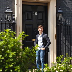 A scene depicting 10 Downing Street in London, UK, with a young man standing confidently in front of the iconic black door, preparing to knock
