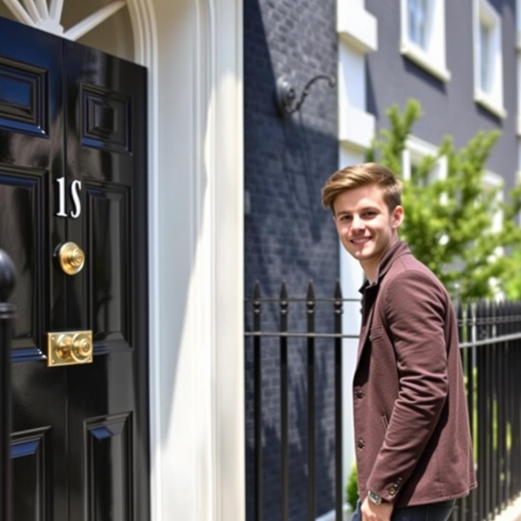 A young man in smart casual attire knocks on the iconic black door of 10 Downing Street, London