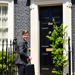A young man in smart casual attire knocks on the iconic black door of 10 Downing Street, London