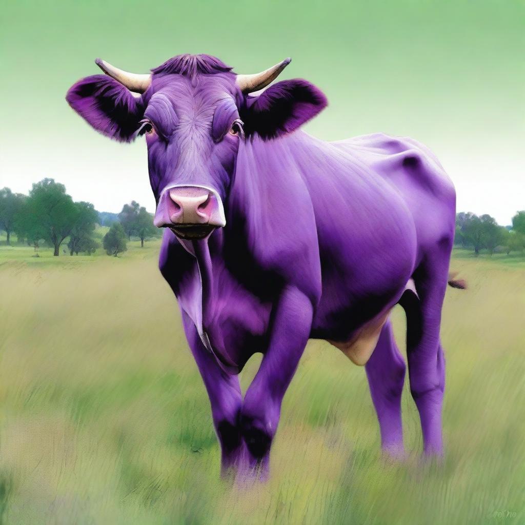 A purple cow depicted in hyper-realistic style, standing in a lush green pasture.