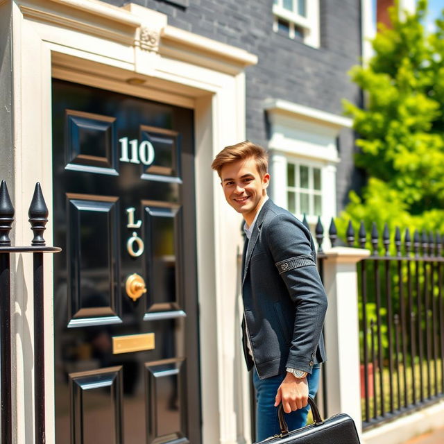 A young man in smart casual attire knocks on the iconic black door of 10 Downing Street, London