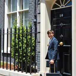 A young man in smart casual attire knocks on the iconic black door of 10 Downing Street, London