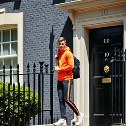 A young man dressed in bright athletic training gear knocks on the iconic black door of 10 Downing Street, London