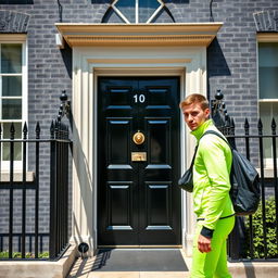 A young man dressed in bright athletic training gear knocks on the iconic black door of 10 Downing Street, London