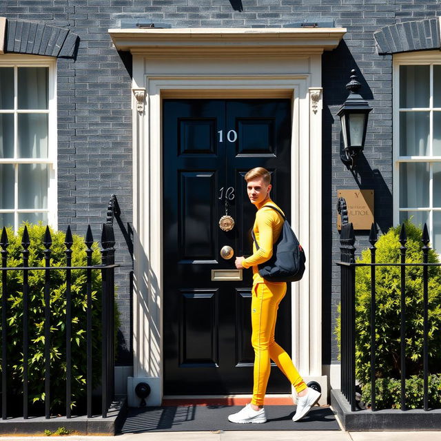 A young man dressed in bright athletic training gear knocks on the iconic black door of 10 Downing Street, London