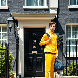 A young man dressed in bright athletic training gear knocks on the iconic black door of 10 Downing Street, London