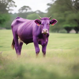 A real-life photoshoot of a purple cow in natural, outdoor settings showcasing green pastures.