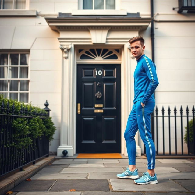 A scene depicting 10 Downing Street, the iconic London residence of the British Prime Minister