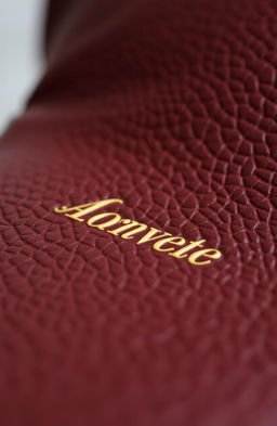 A close-up detail of rich, textured leather with an elegant outlay design artfully embossed in golden letters