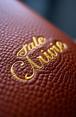 A close-up detail of rich, textured leather with an elegant outlay design artfully embossed in golden letters
