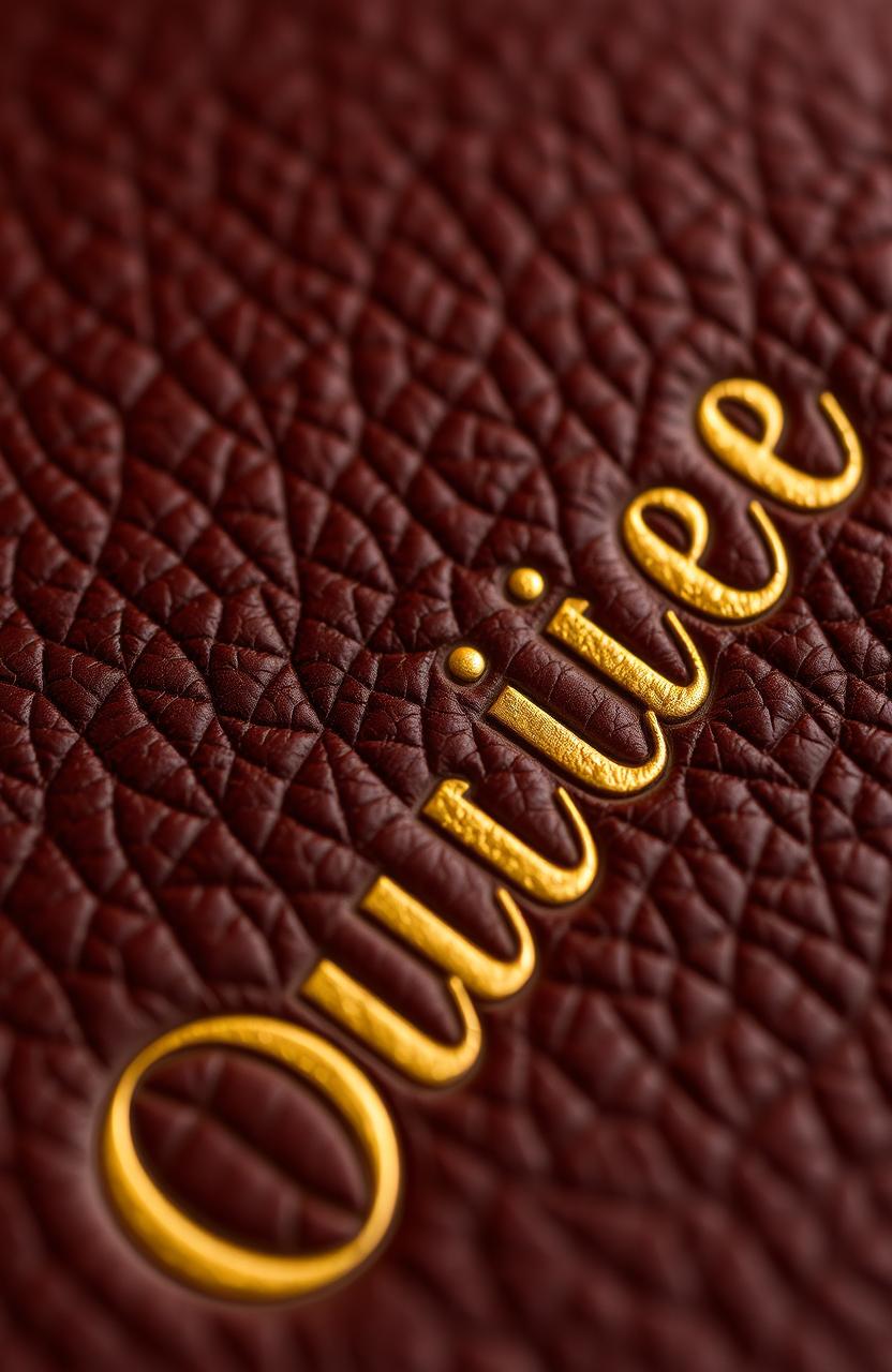 A close-up detail of rich, textured leather with an elegant outlay design artfully embossed in golden letters