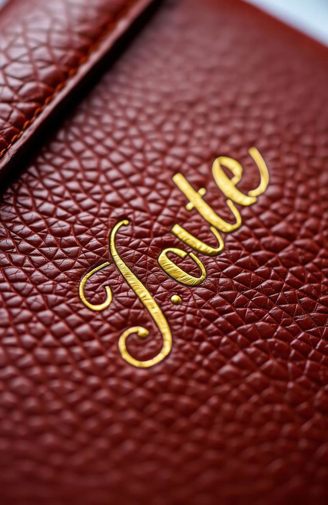 A close-up detail of rich, textured leather with an elegant outlay design artfully embossed in golden letters