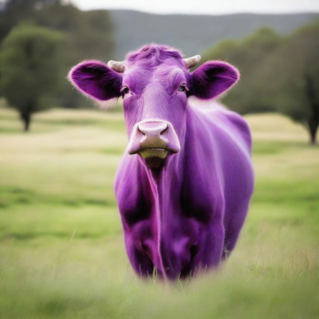 A real-life photoshoot of a purple cow in natural, outdoor settings showcasing green pastures.