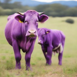 A real-life photoshoot of a purple cow in natural, outdoor settings showcasing green pastures.