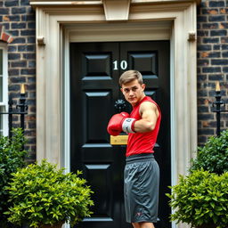 A young man wearing vibrant boxing gear, including red and white gloves, a fitted sleeveless shirt, and boxing shorts, stands in front of the iconic 10 Downing Street