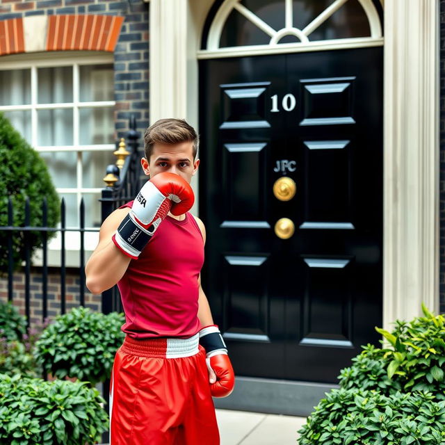 A young man wearing vibrant boxing gear, including red and white gloves, a fitted sleeveless shirt, and boxing shorts, stands in front of the iconic 10 Downing Street