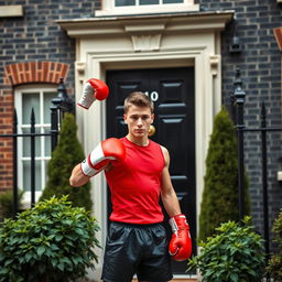 A young man wearing vibrant boxing gear, including red and white gloves, a fitted sleeveless shirt, and boxing shorts, stands in front of the iconic 10 Downing Street
