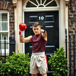 A young man wearing vibrant boxing gear, including red and white gloves, a fitted sleeveless shirt, and boxing shorts, stands in front of the iconic 10 Downing Street