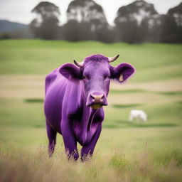 A real-life photoshoot of a purple cow in natural, outdoor settings showcasing green pastures.