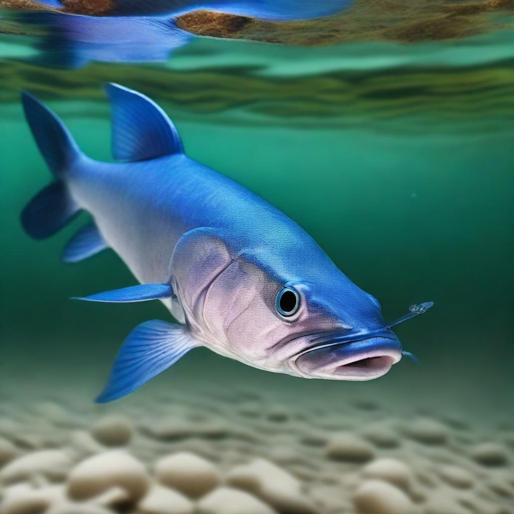 A real-life photoshoot of a vibrant blue catfish in its natural underwater habitat.