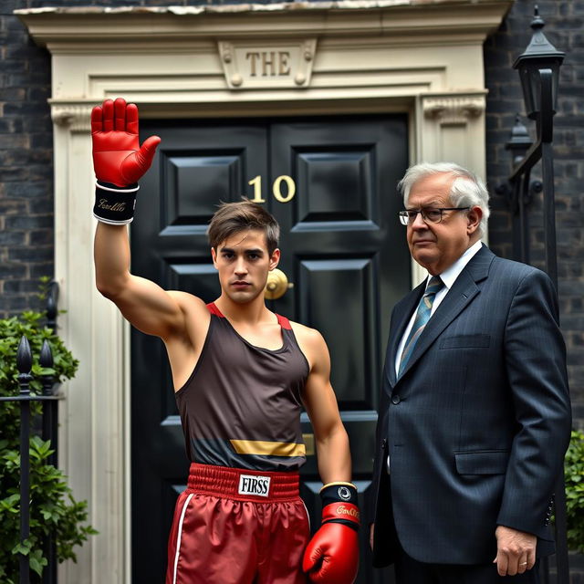 A picturesque scene of 10 Downing Street, featuring a young man dressed in boxing gear, showcasing a determined expression, standing beside an elderly man in a suit