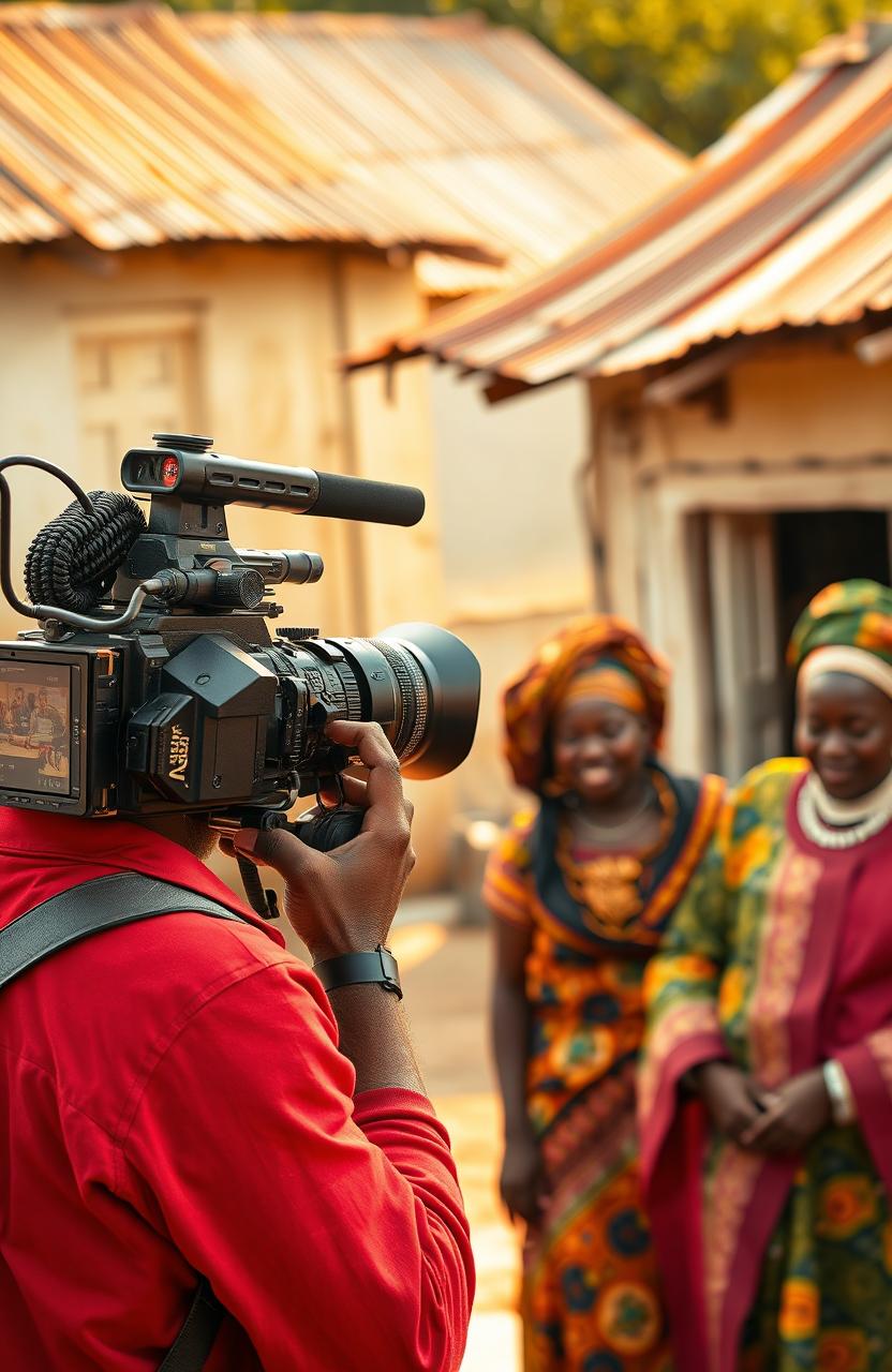 A Black cameraman, equipped with a high-quality professional video camera and accessories, is focused intently on shooting a film scene