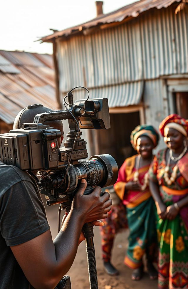 A Black cameraman, equipped with a high-quality professional video camera and accessories, is focused intently on shooting a film scene