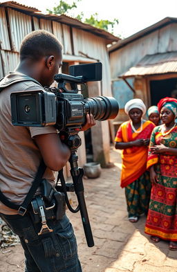 A Black cameraman, equipped with a high-quality professional video camera and accessories, is focused intently on shooting a film scene