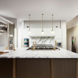 Modern kitchen with bright lighting, sleek marble countertops, stainless steel appliances, a large island in the middle, and white cabinetry filled with dishes and utensils