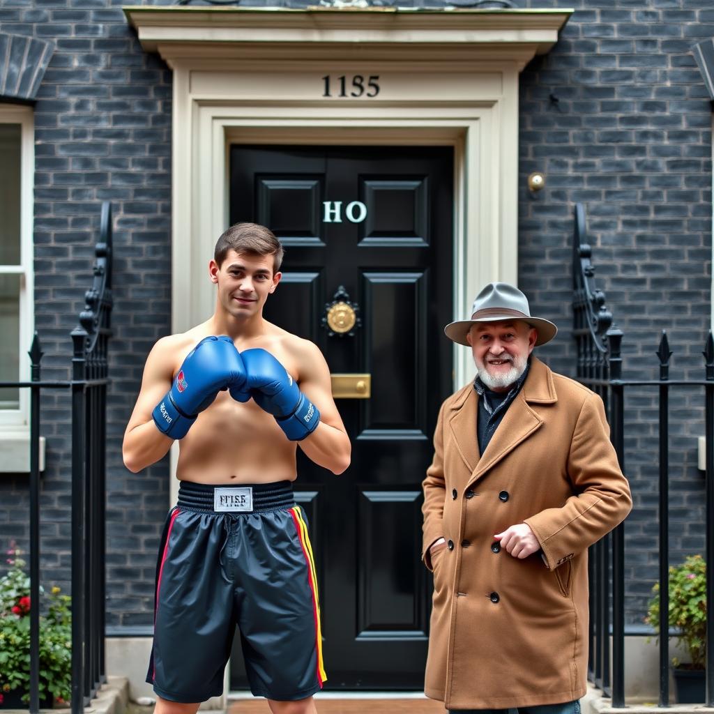 A picturesque view of 10 Downing Street, the iconic black door prominently displayed in the foreground