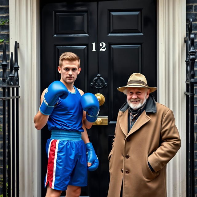 A picturesque view of 10 Downing Street, the iconic black door prominently displayed in the foreground