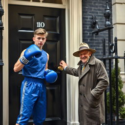 A picturesque view of 10 Downing Street, the iconic black door prominently displayed in the foreground